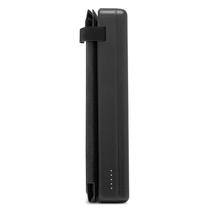 Linocell Powerbank solcelleopladning 30 W 16000 mAh sort, tekstureret sektion, rem, fire indikatorlys, sideview.