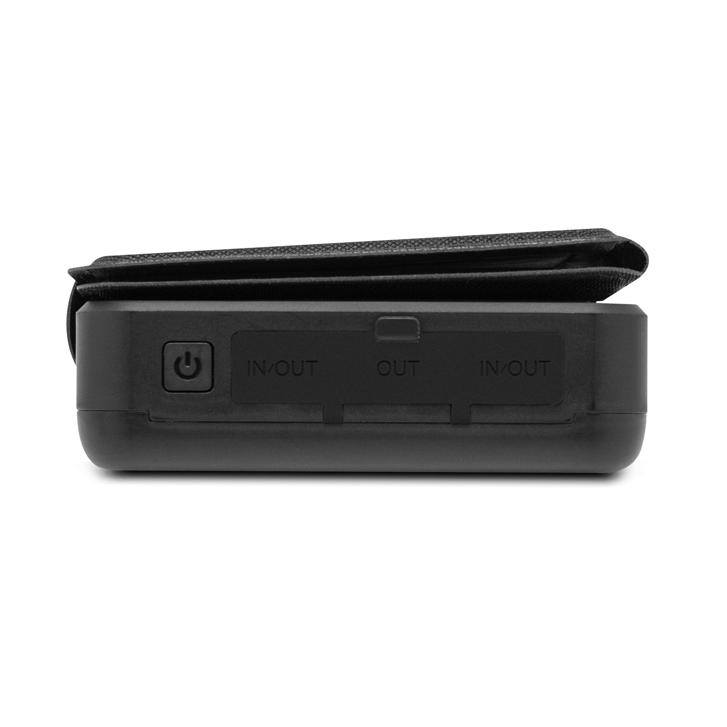 Linocell powerbank med solcelle, 30 W, 16000 mAh, tænd/sluk-knap, tre IN/OUT-porte, beskyttelsesklap øverst.