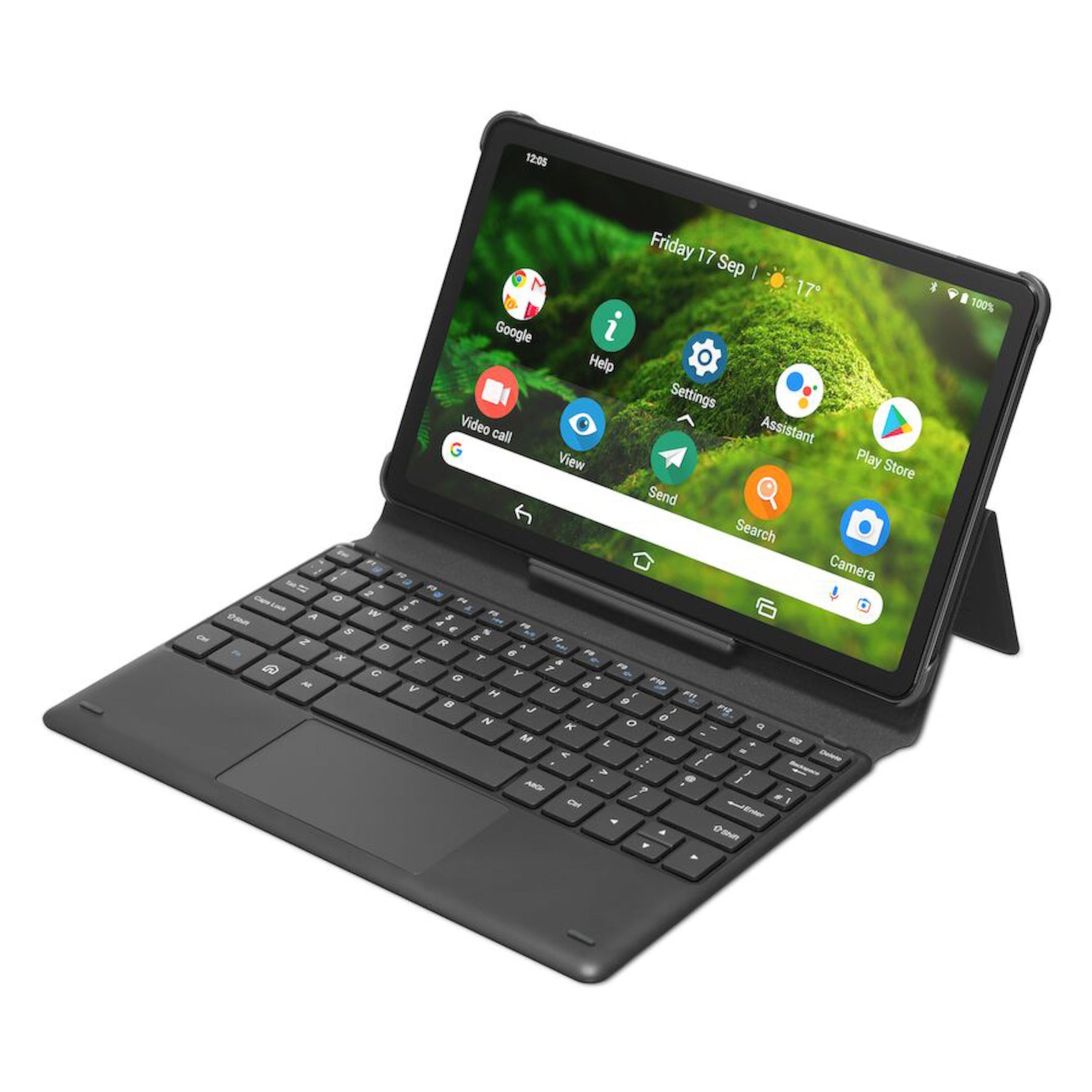 Doro Tablet sort med tastaturcover og touchpad, skærm med appikoner og grøn baggrund, synlig Doro-logo.