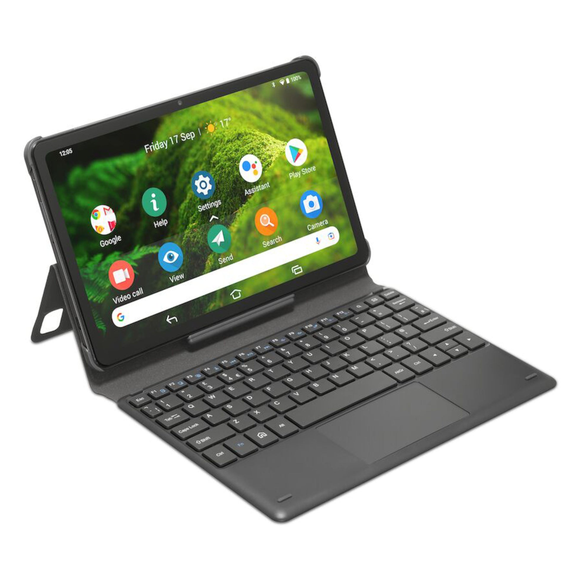 Doro Tablet sort med Doro Tastaturcover, åben og tændt, viser appikoner på naturinspireret startskærm.