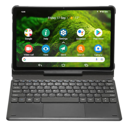 Doro tastaturcover til Doro Tablet, visning af skærm med Google, Play Store, Kamera og dato 17. sep, inkluderer touchpad.
