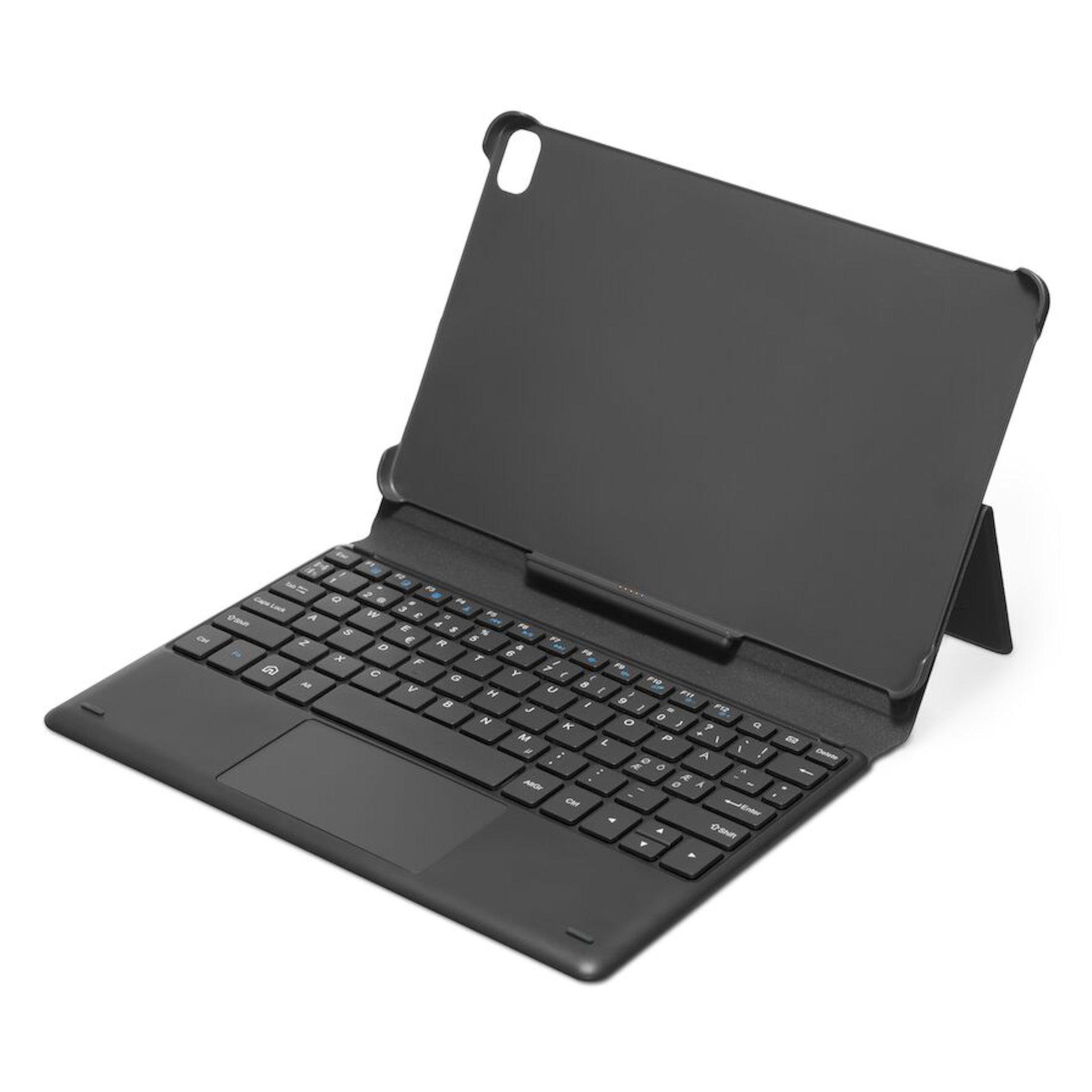 Doro Tastaturcover til Doro Tablet, sort, åben med integreret stander, fuldt QWERTY-tastatur og touchpad.