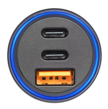 Linocell Premium biloplader USB-C PD 95W, til USB-C PD-port, orange USB-A-port, blå LED-ring.