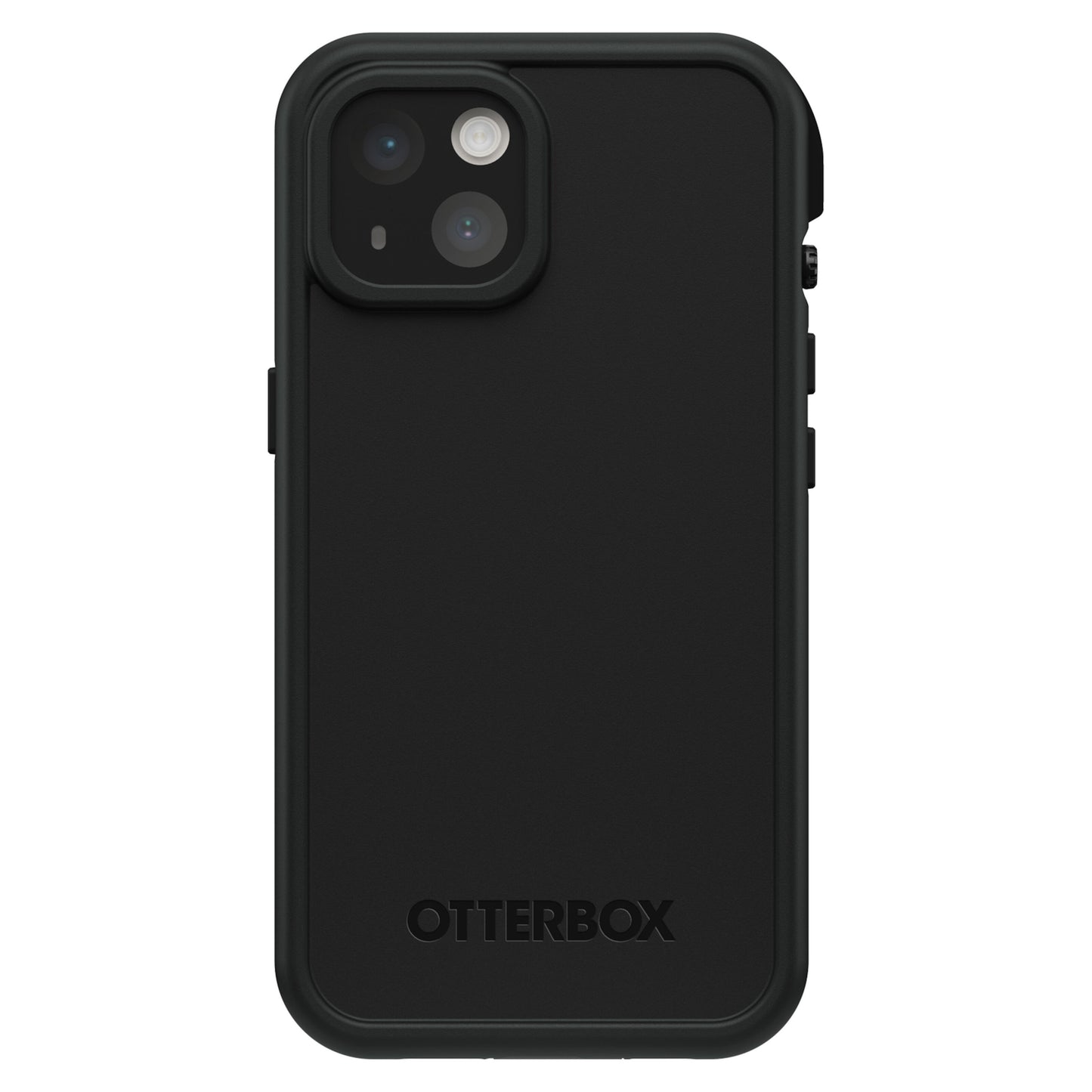 Otterbox Fre mobilcover til iPhone 14 sort med forstærkede hjørner, kameratudskæring og præget Otterbox-logo nederst.