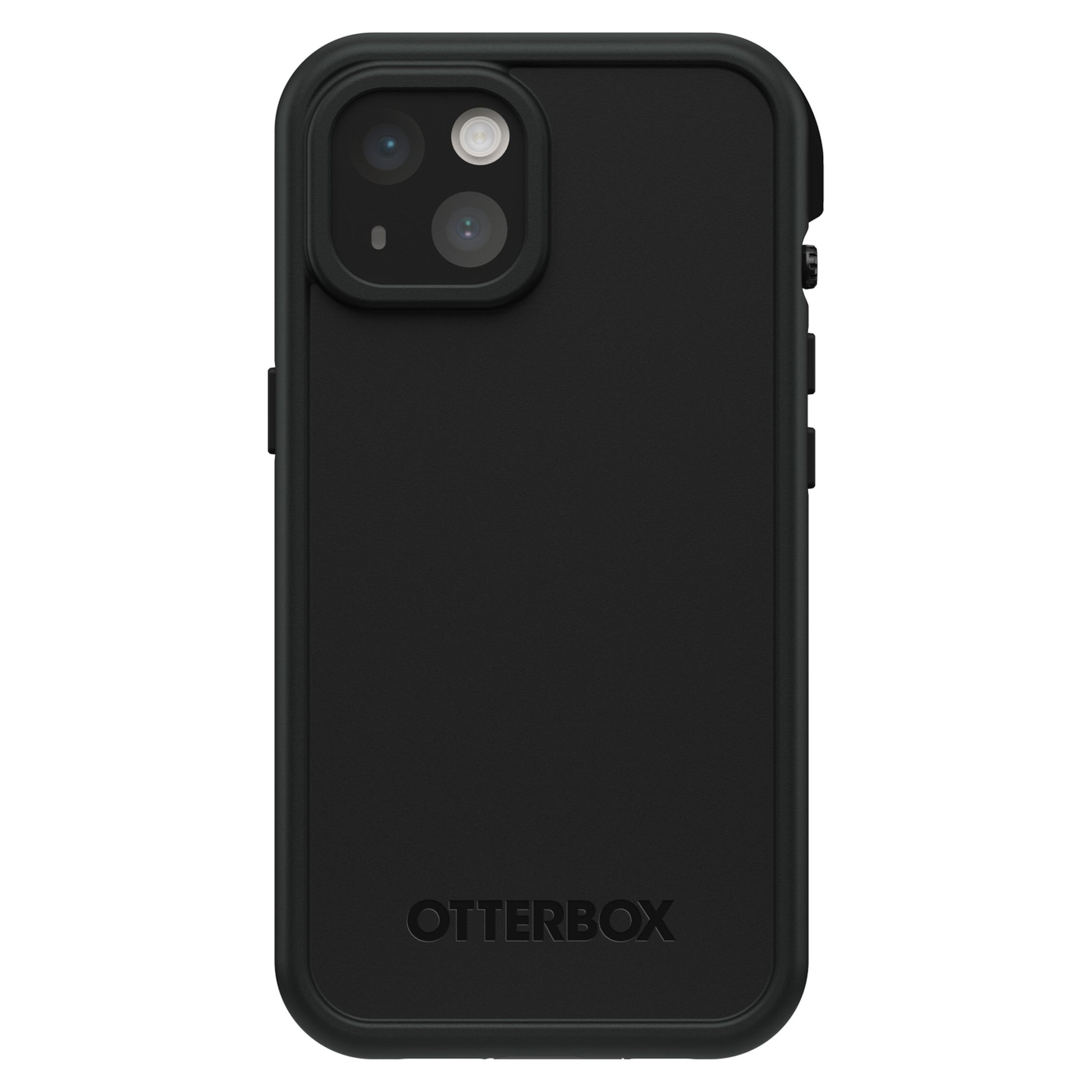 Otterbox Fre mobilcover til iPhone 14 sort med forstærkede hjørner, kameratudskæring og præget Otterbox-logo nederst.