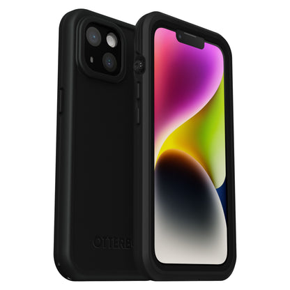 Otterbox Fre sort mobilcover til iPhone 14, ét på telefon med abstrakt skærm, ét viser dual kameraudskæringer, vandtæt.