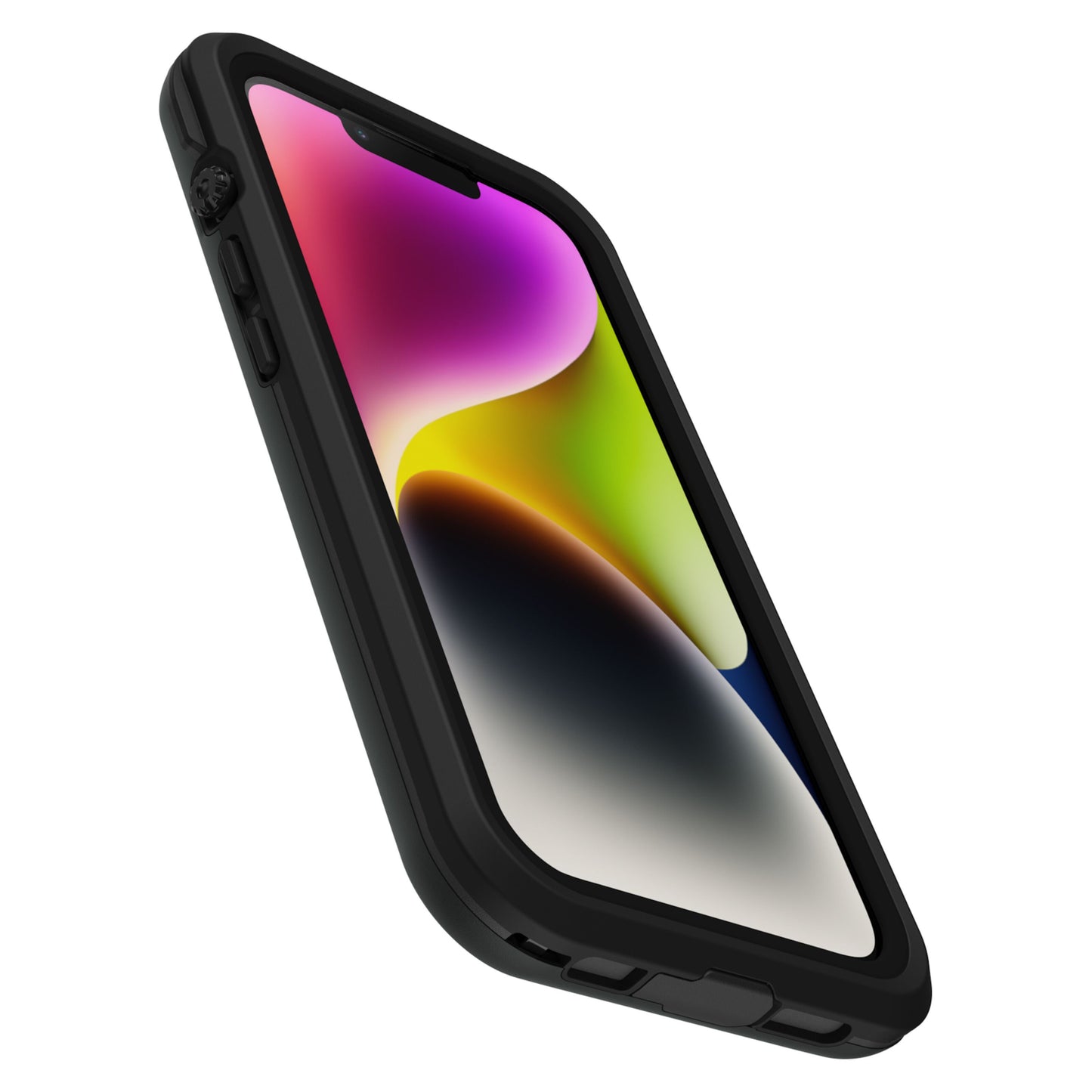 IPhone 14 med sort Otterbox Fre cover, forstærkede kanter og teksturerede sideknapper, set fra vinkel.