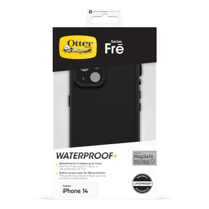 Otterbox Fre cover til iPhone 14, sort, MagSafe-kompatibel med indbygget skærmbeskyttelse og vandtæt design.