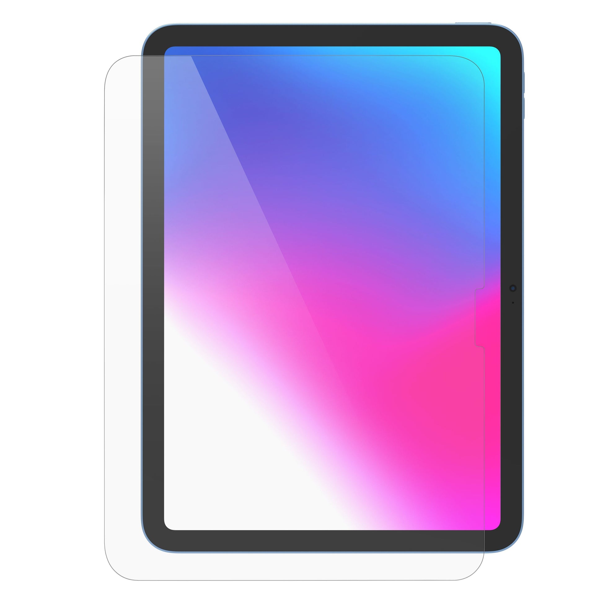 Linocell Elite Extreme hærdet glasbeskytter til iPad 10.9" Gen. 10, transparent, sort ramme, blå-lilla-pink gradient på skærm.