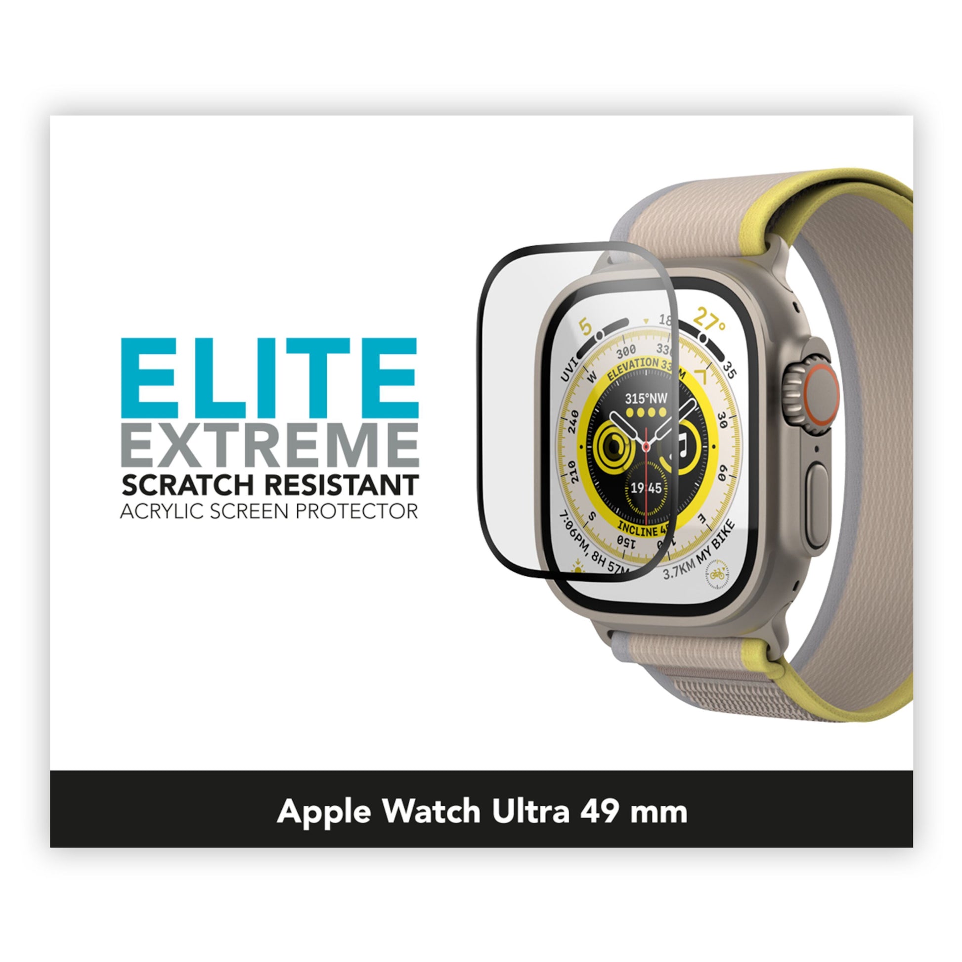 Elite Extreme Curved skærmbeskyttelse til Apple Watch Ultra 49 mm, grå urrem med gule detaljer, tekst på ur: Elite Extreme Ridsefast.