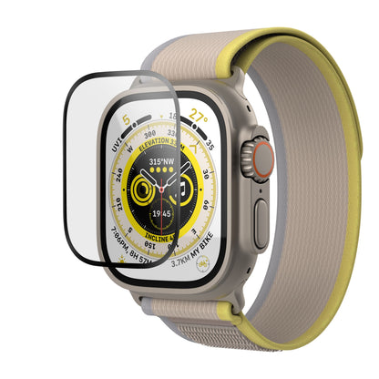 Elite Extreme Curved skærmbeskyttelse til Apple Watch Ultra 49 mm, beige-gult urrem, gule/hvide/sorte digitale tal.