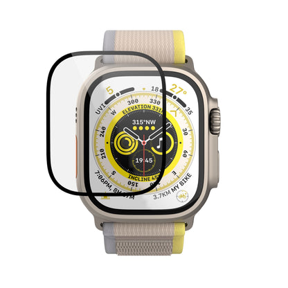 Apple Watch Ultra 49 mm gul/hvid/grå rem, viser fitnessdata, delvis påført buet skærmbeskyttelse.