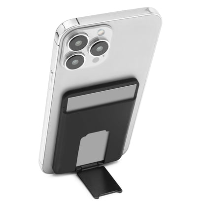 Magsafe tegnebog med magnetisk kortholder og foldbart stativ til iPhone, plads til kreditkort.