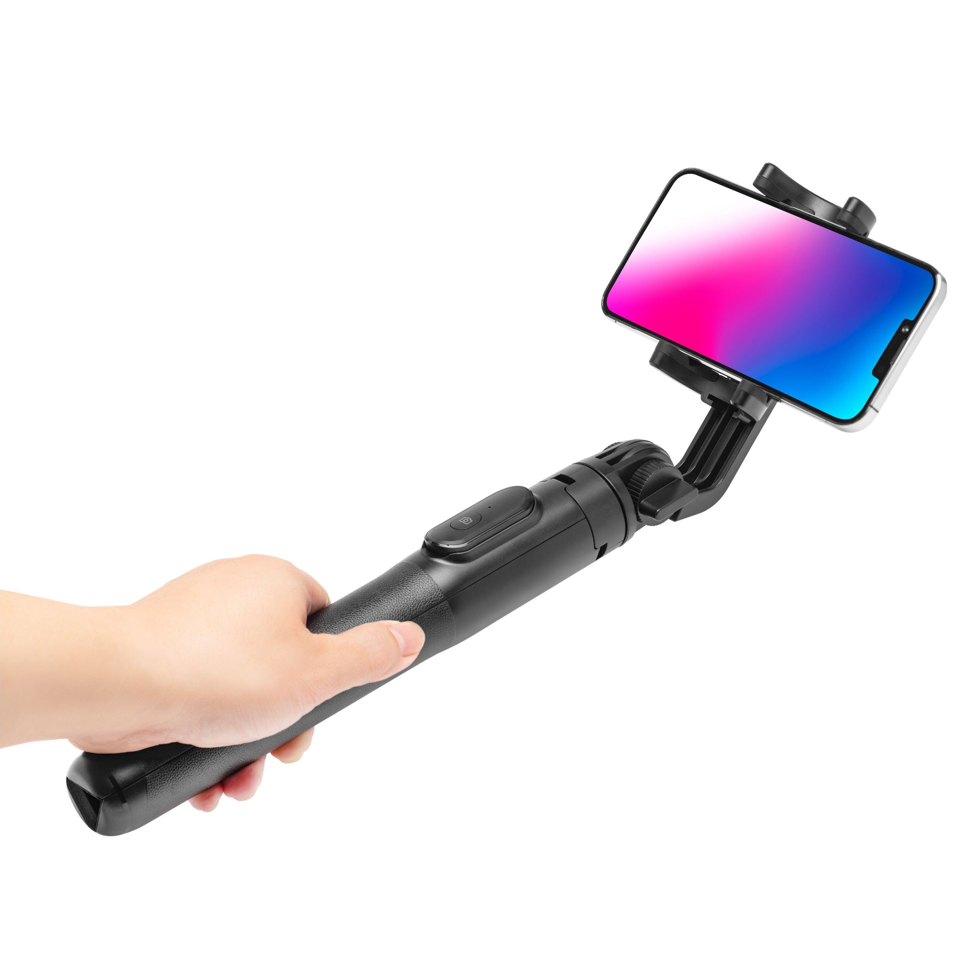 Linocell Selfiestang Pro med stativ og Bluetooth-udløser holdes i hånd med smartphone med pink og blå skærm.