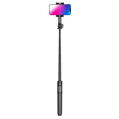 Linocell Selfiestang Pro med stativ og Bluetooth-udløser, holder smartphone med pink/blå gradient-skærm.