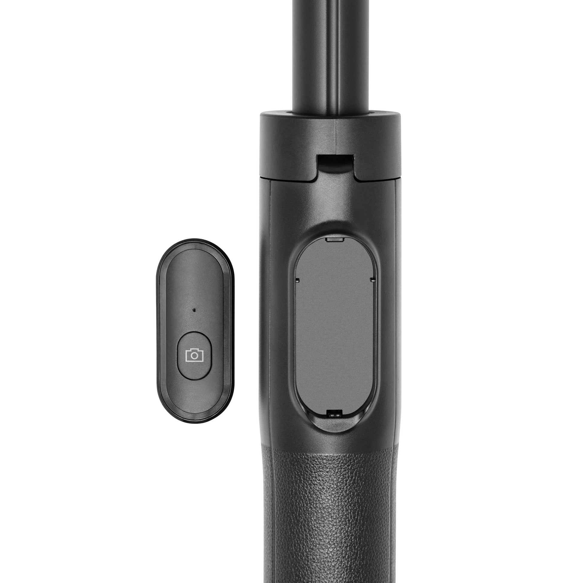 Linocell Selfiestang Pro med stativ, mønstret greb til smartphone og aftagelig Bluetooth-fjernbetjening med kameraikon.