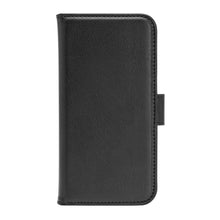 Linocell mobilpung til Galaxy S23 sort læder med magnetisk flaplukning, vist lukket med frontcoveret opad.