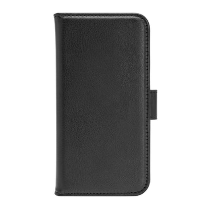 Linocell mobilpung til Galaxy S23 sort læder med magnetisk flaplukning, vist lukket med frontcoveret opad.