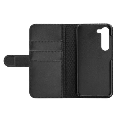 Sort mobilpung til Samsung Galaxy S23 med tre kortholdere, magnetlukning og geometrisk mønstret foring.