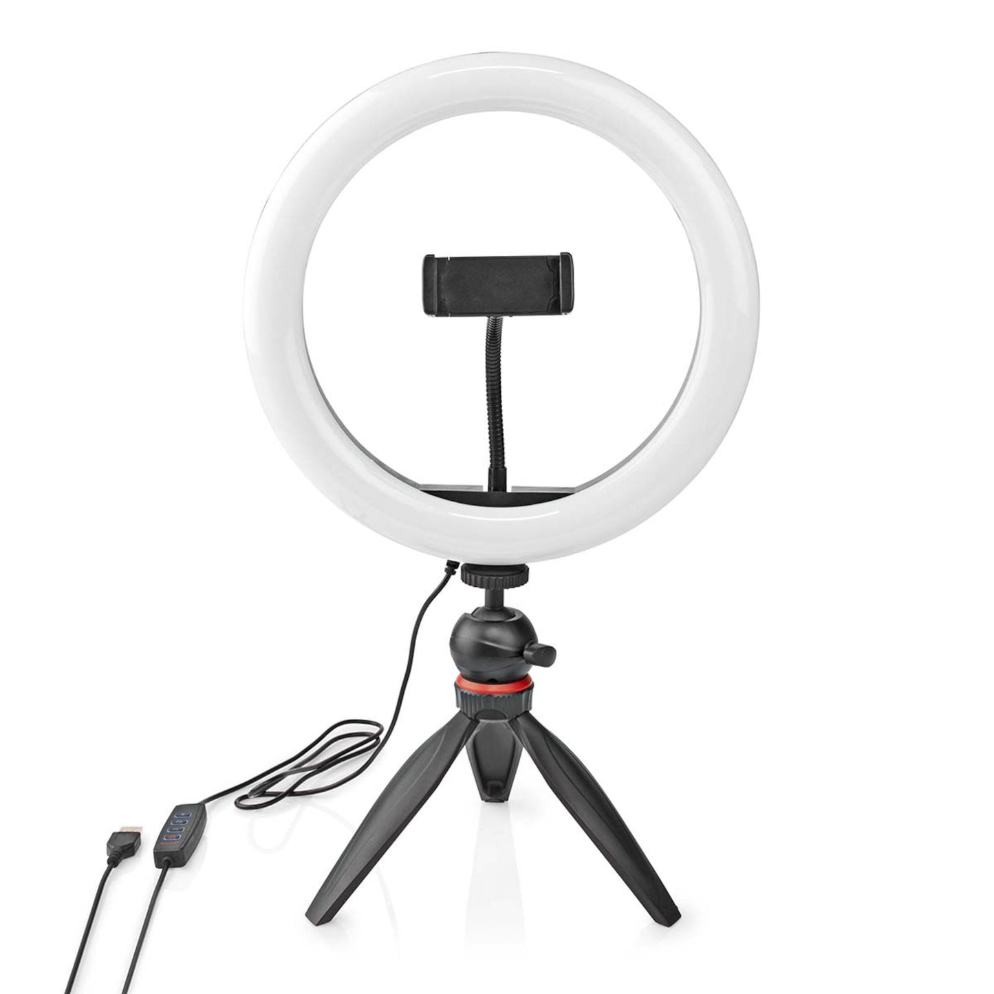 Nedis Ring Light 10" LED ringbelysning med integreret smartphoneholder, kompakt stativ og kabel med fjernbetjening.