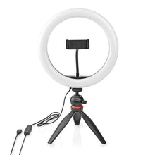 Nedis Ring Light 10" LED ringbelysning med integreret smartphoneholder, kompakt stativ og kabel med fjernbetjening.