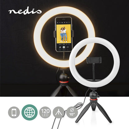 Nedis Ring Light 10" rund ringbelysning med stativ, smartphoneholder og 120 LED-lys, velegnet til web og vlogging.