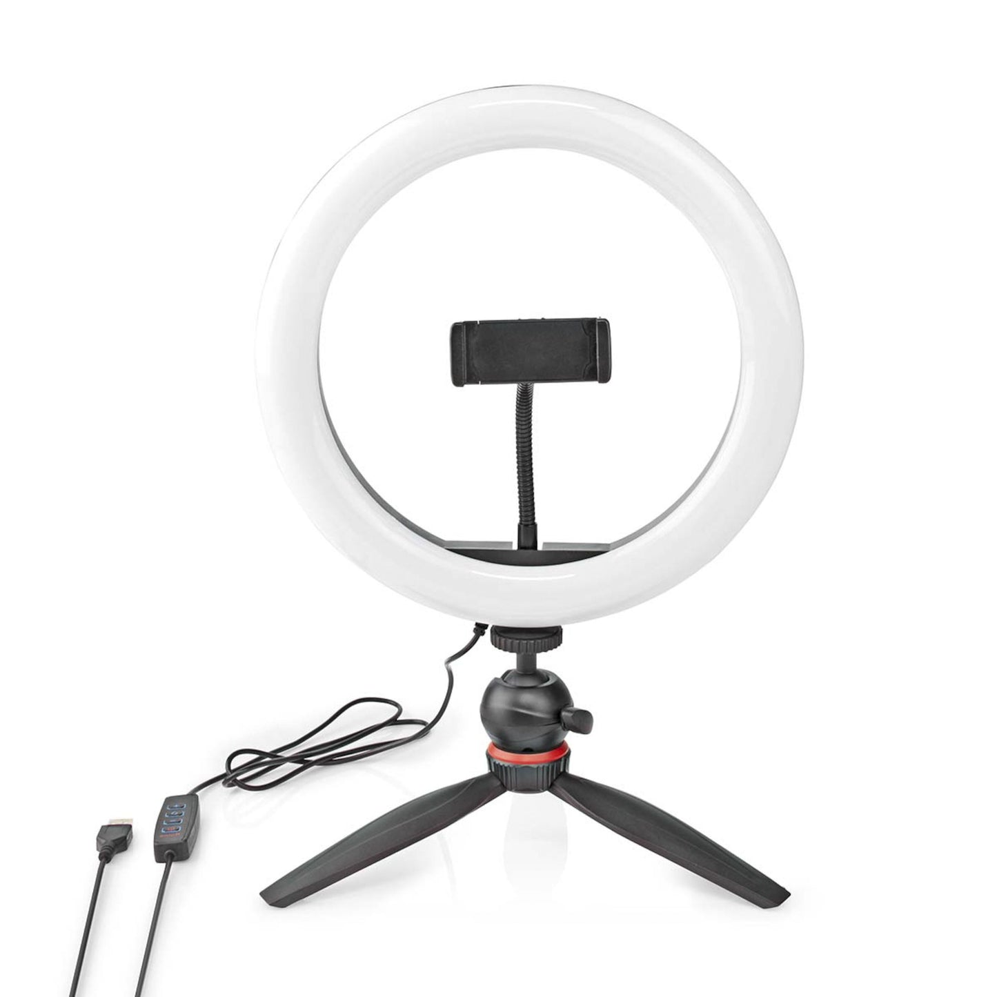 Nedis Ring Light 10" ringbelysning med centreret mobilholder, kompakt sort stativ og USB-kabel med inline kontrol.