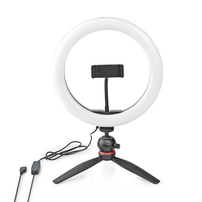 Nedis Ring Light 10" ringbelysning med centreret mobilholder, kompakt sort stativ og USB-kabel med inline kontrol.