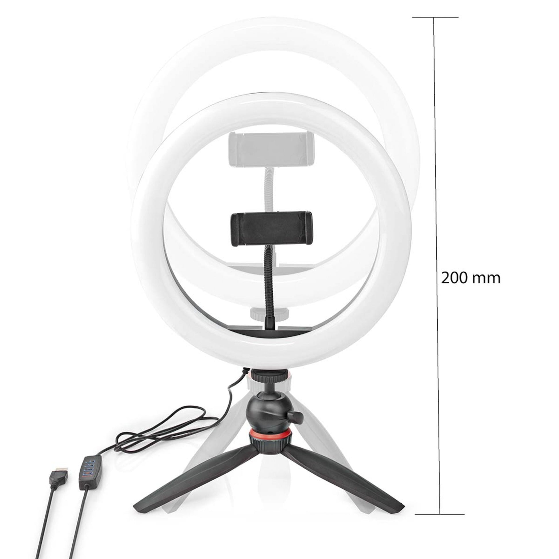 Nedis Ring Light 10" LED ringbelysning, cirkulær, telefonholder i midten, kompakt stativ, kabel fjernbetjening, 200 mm.