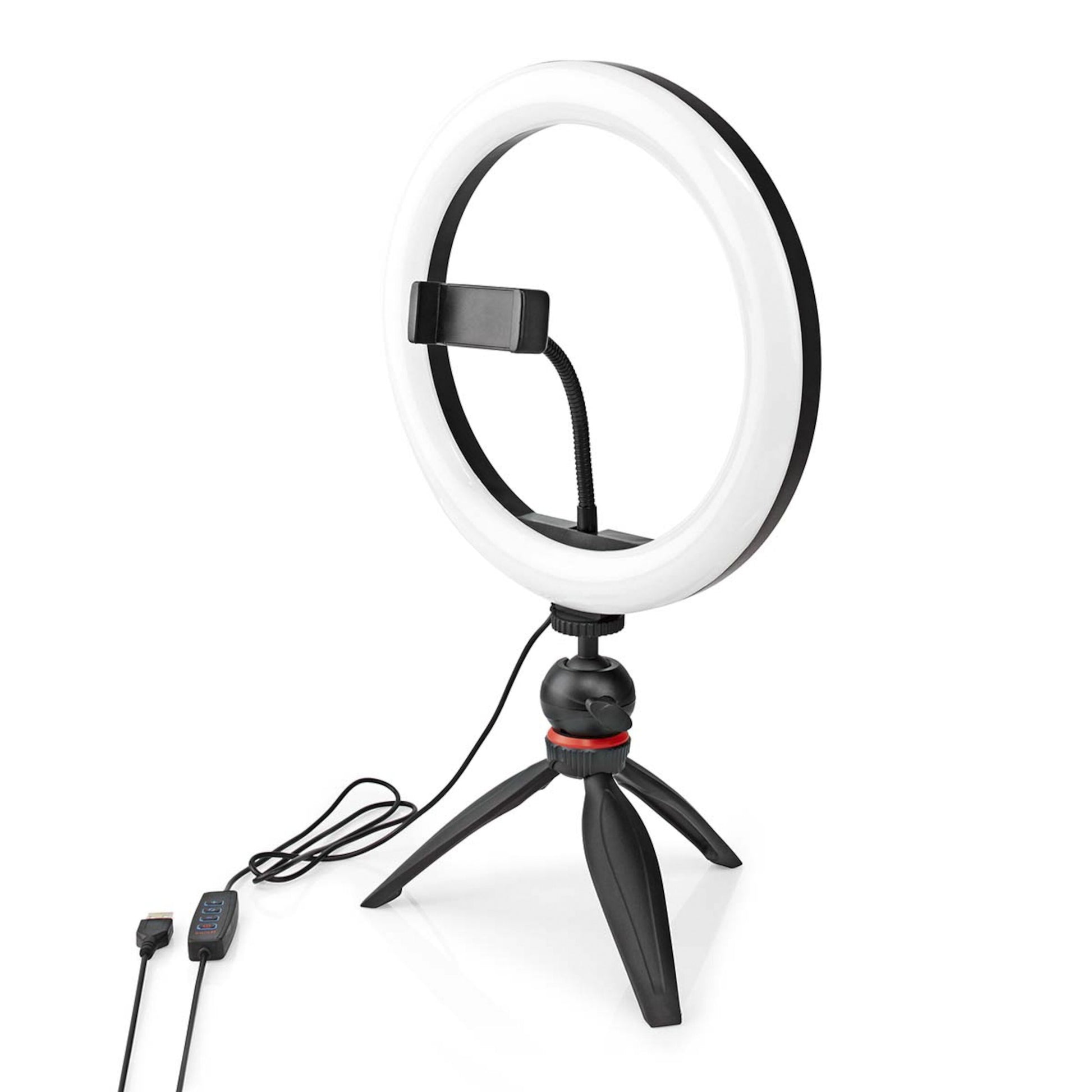 Nedis Ring Light 10" LED ringbelysning med central mobilholder, lille trefod, USB-kabel og in-line kontrol.