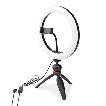 Nedis Ring Light 10" LED ringbelysning med central mobilholder, lille trefod, USB-kabel og in-line kontrol.