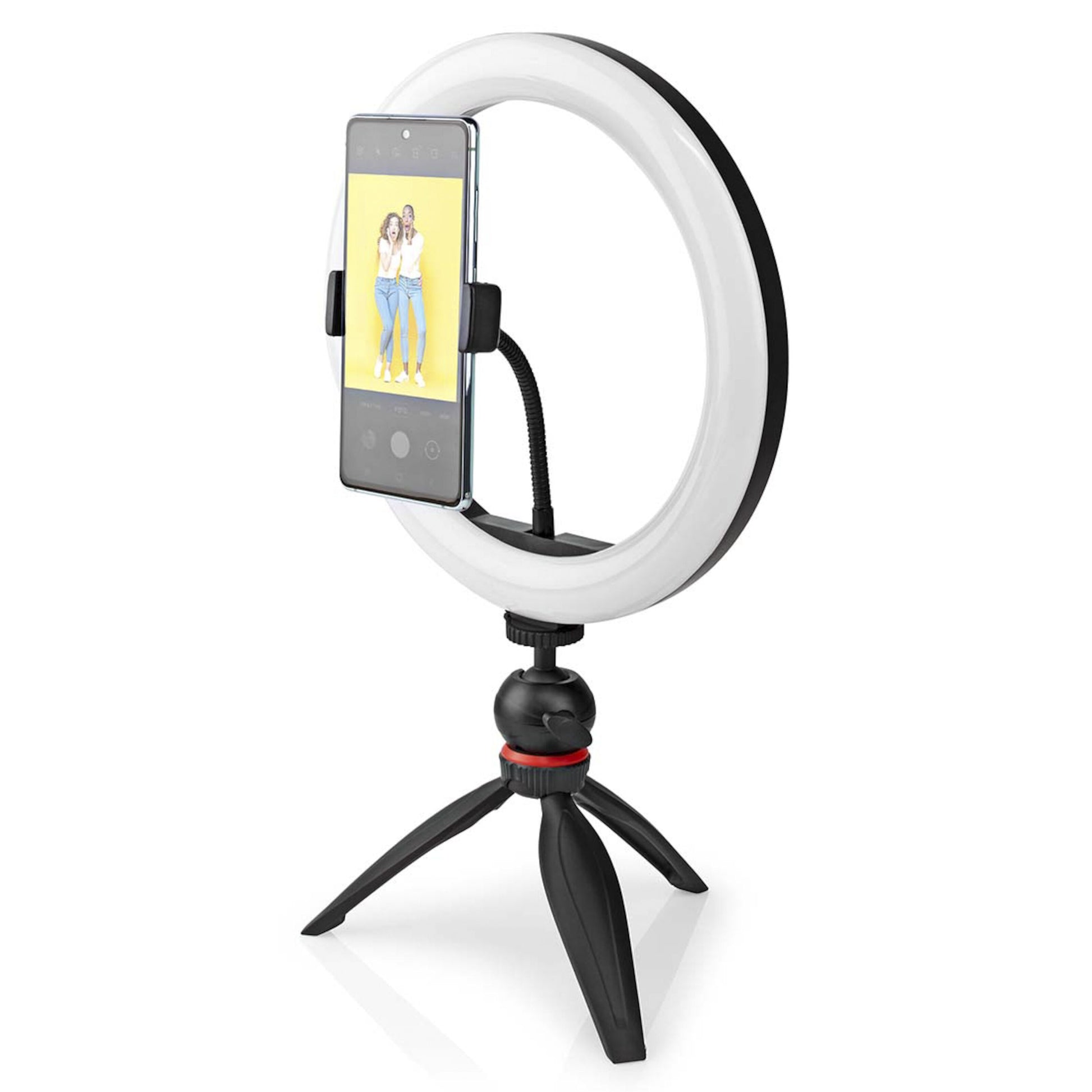 Nedis Ring Light 10" LED ringbelysning med fleksibel smartphoneholder i midten og kompakt stativ.