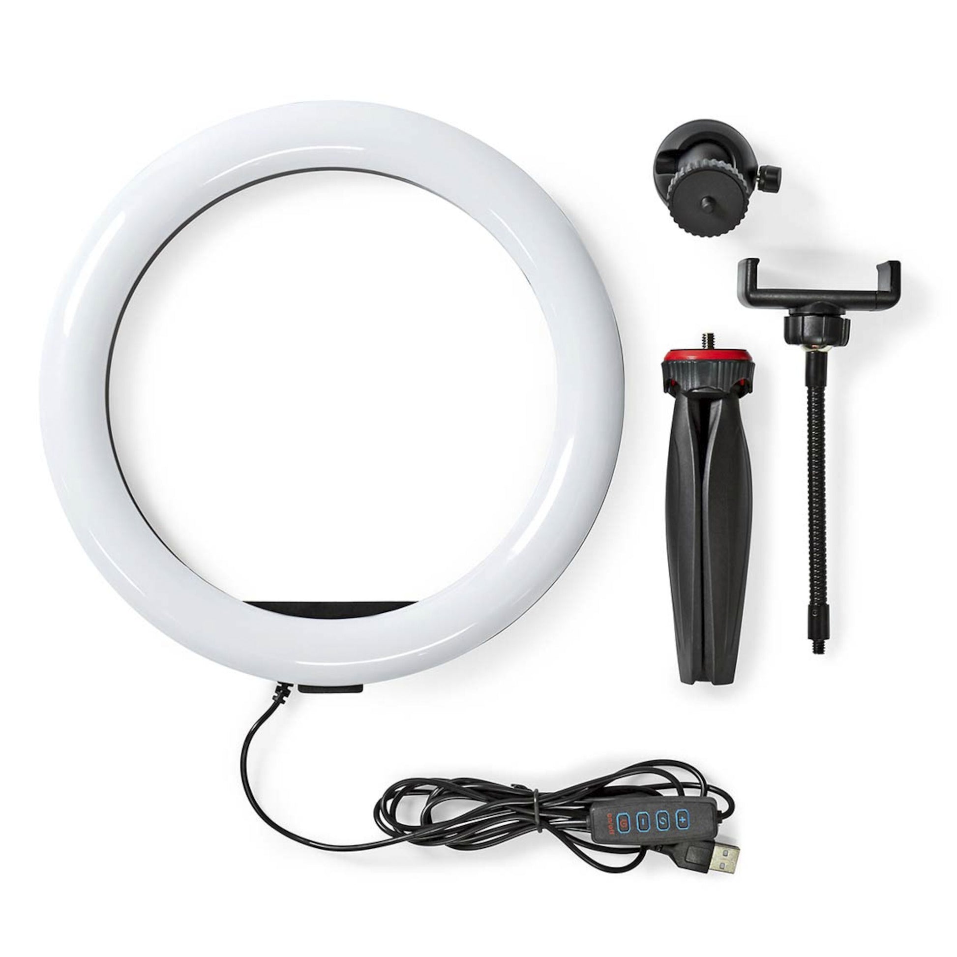 Nedis Ring Light 10" LED ringbelysning med USB-kabel, mini-stativ, smartphone-holder og kugleled.