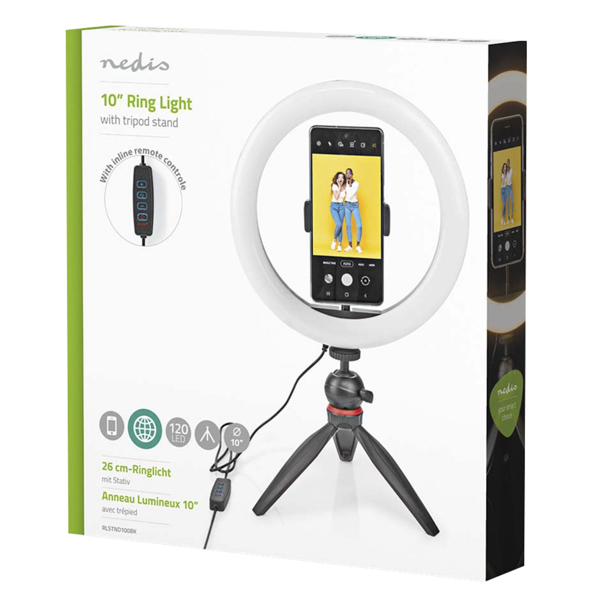 Nedis Ring Light 10" ringbelysning i æske med telefonholder, indbygget fjernbetjening, engelsk/fransk info.
