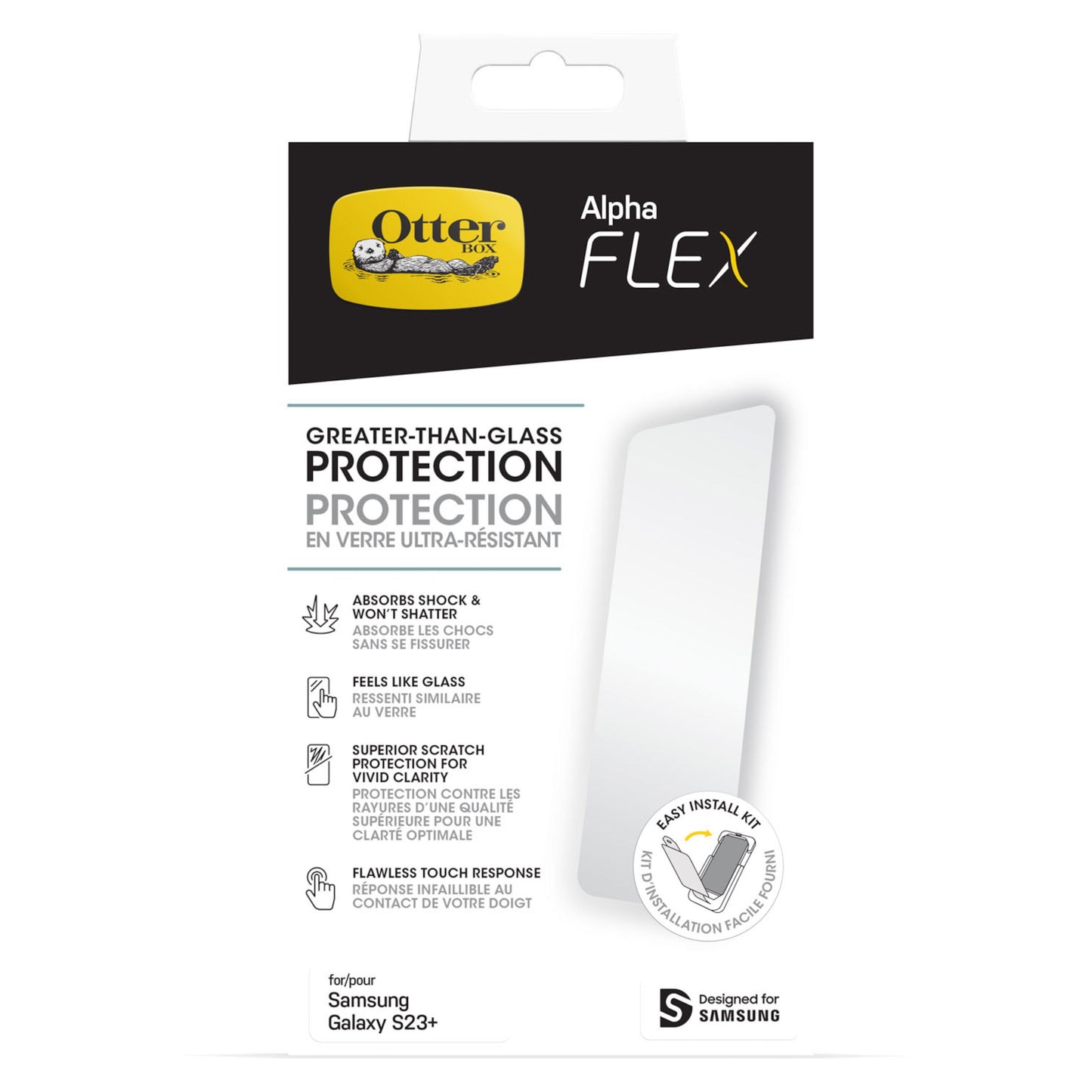 Otterbox Alpha Flex skærmbeskyttere til Samsung Galaxy S23 Plus, antimikrobiel, engelsk/fransk tekst på emballage.