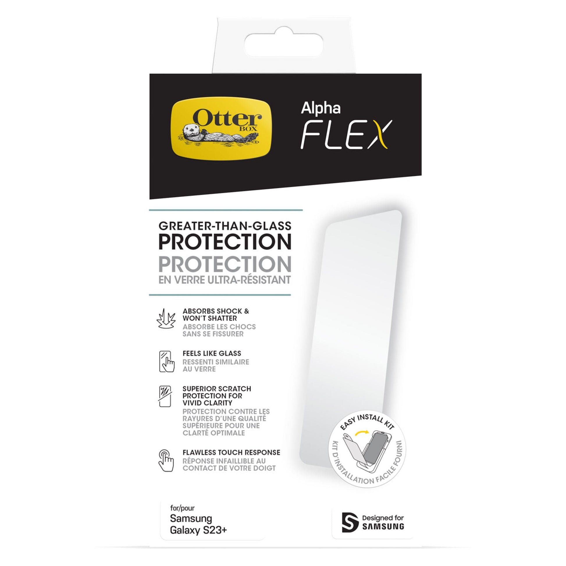 Otterbox Alpha Flex skærmbeskyttere til Samsung Galaxy S23 Plus, antimikrobiel, engelsk/fransk tekst på emballage.