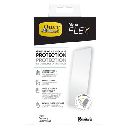 Otterbox Alpha Flex skærmbeskyttere til Samsung Galaxy S23 Plus, antimikrobiel, engelsk/fransk tekst på emballage.