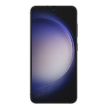 Otterbox Alpha Flex skærmbeskyttere til Samsung Galaxy S23 med sorte kanter, afrundede hjørner, blå-lilla cirkelbaggrund.