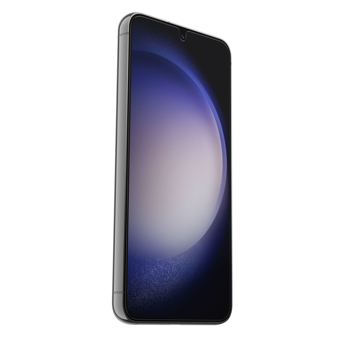 Alpha Flex skærmbeskytter til Samsung Galaxy S23 på Phantom Black model med punch-hole kamera og AMOLED-skærm.