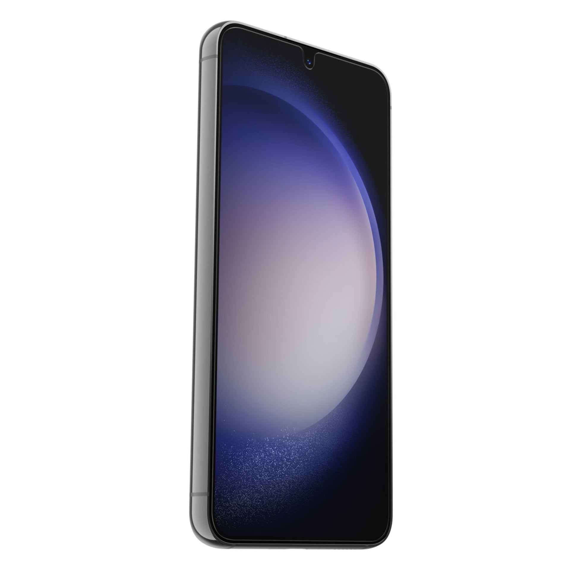 Alpha Flex skærmbeskytter til Samsung Galaxy S23 på Phantom Black model med punch-hole kamera og AMOLED-skærm.