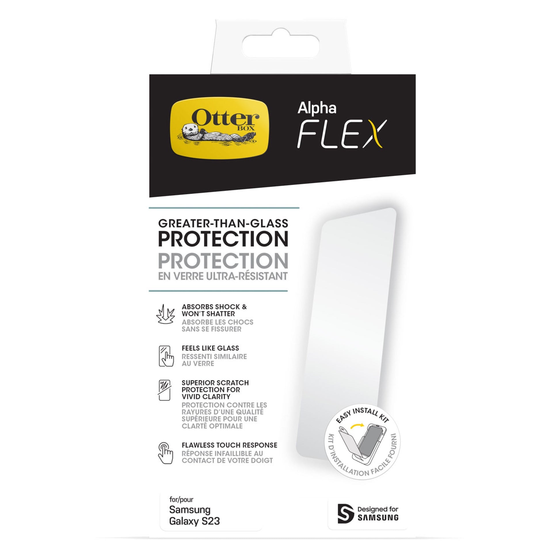 Otterbox Alpha Flex skærmbeskytter til Samsung Galaxy S23, gennemsigtig, Otterbox-logo og produktdetaljer på emballage.