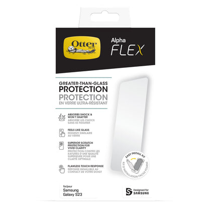 Otterbox Alpha Flex skærmbeskytter til Samsung Galaxy S23, gennemsigtig, Otterbox-logo og produktdetaljer på emballage.
