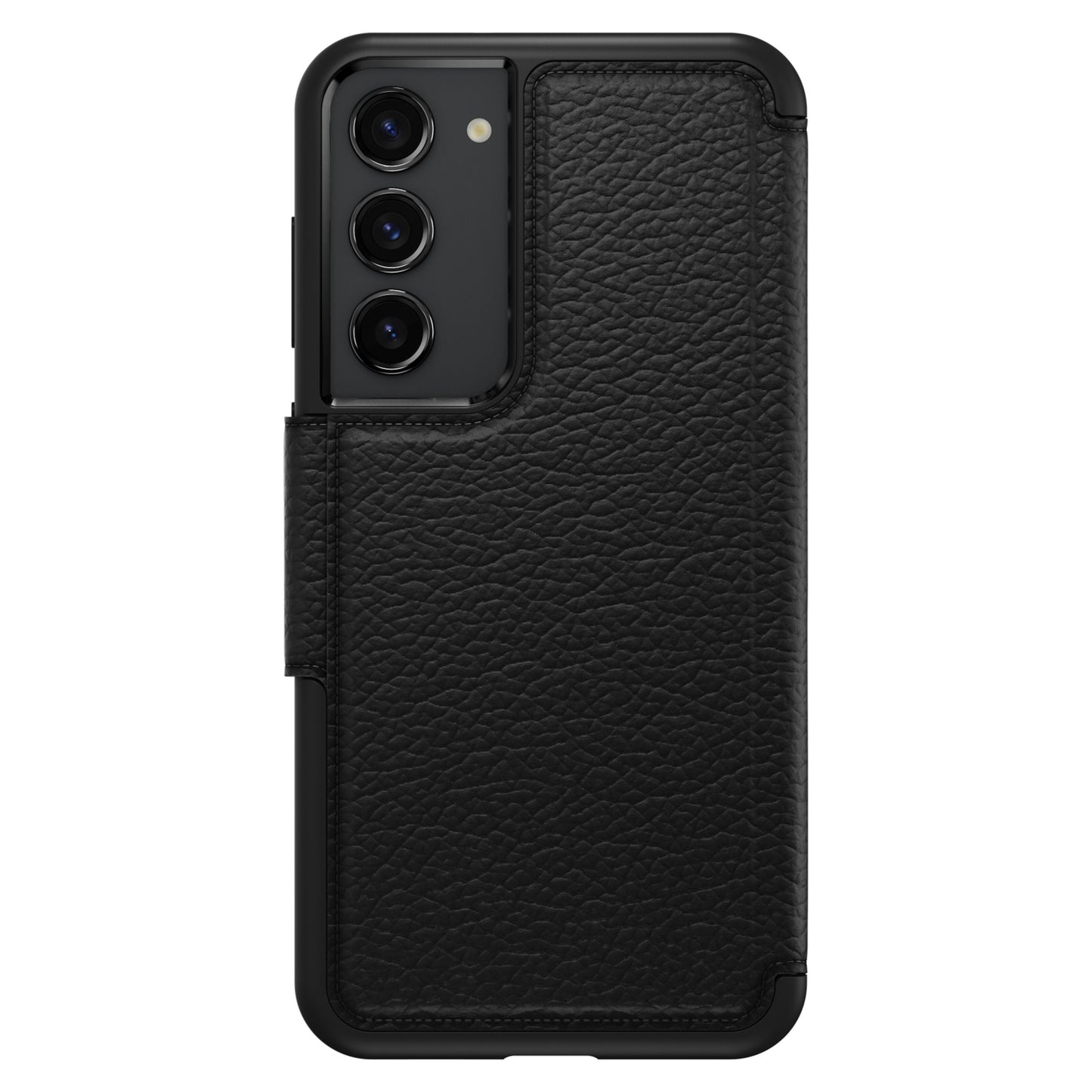 Otterbox Strada læder pung-etui til Galaxy S23 Plus sort med kornet mønster og tre kameraudskæringer.