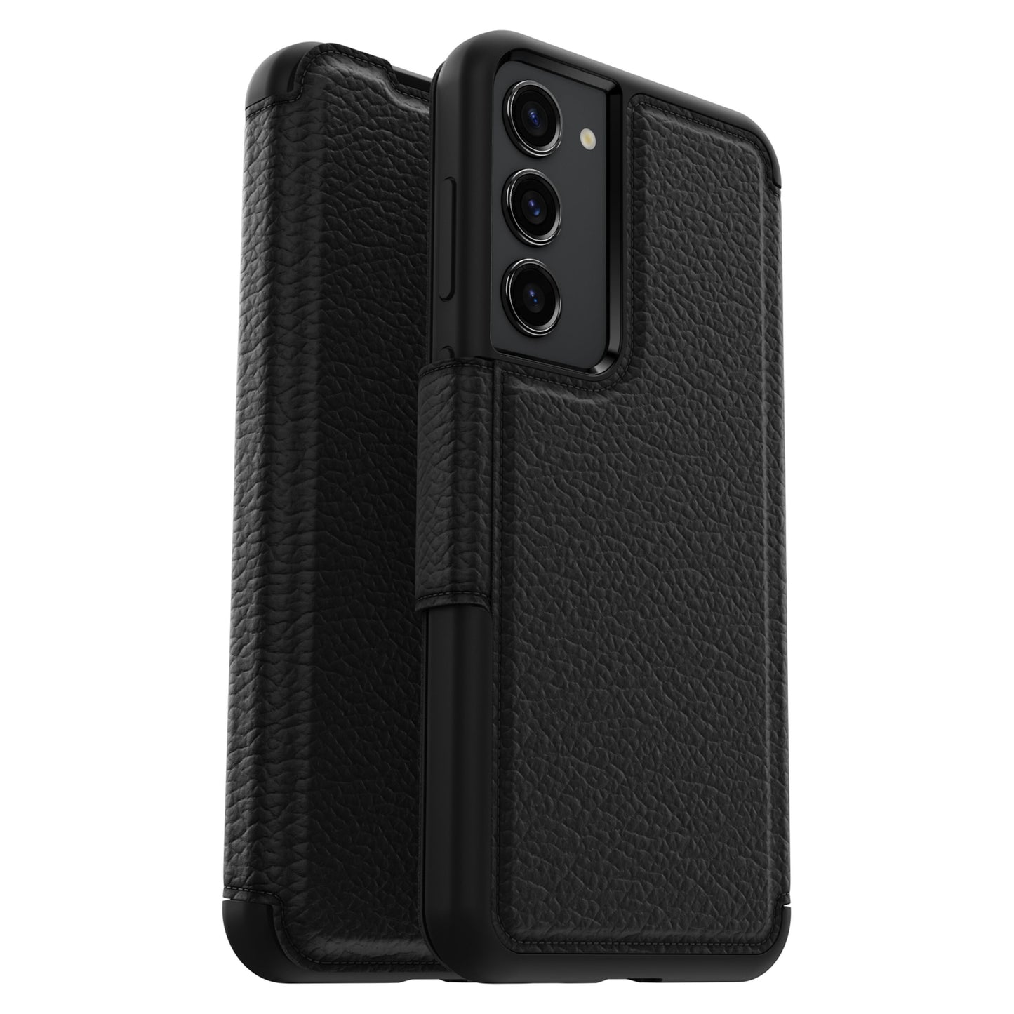 Otterbox Strada læder pung-etui Galaxy S23 Plus sort tekstureret forhøjede kanter forside bagside tre bagkameraåbninger.
