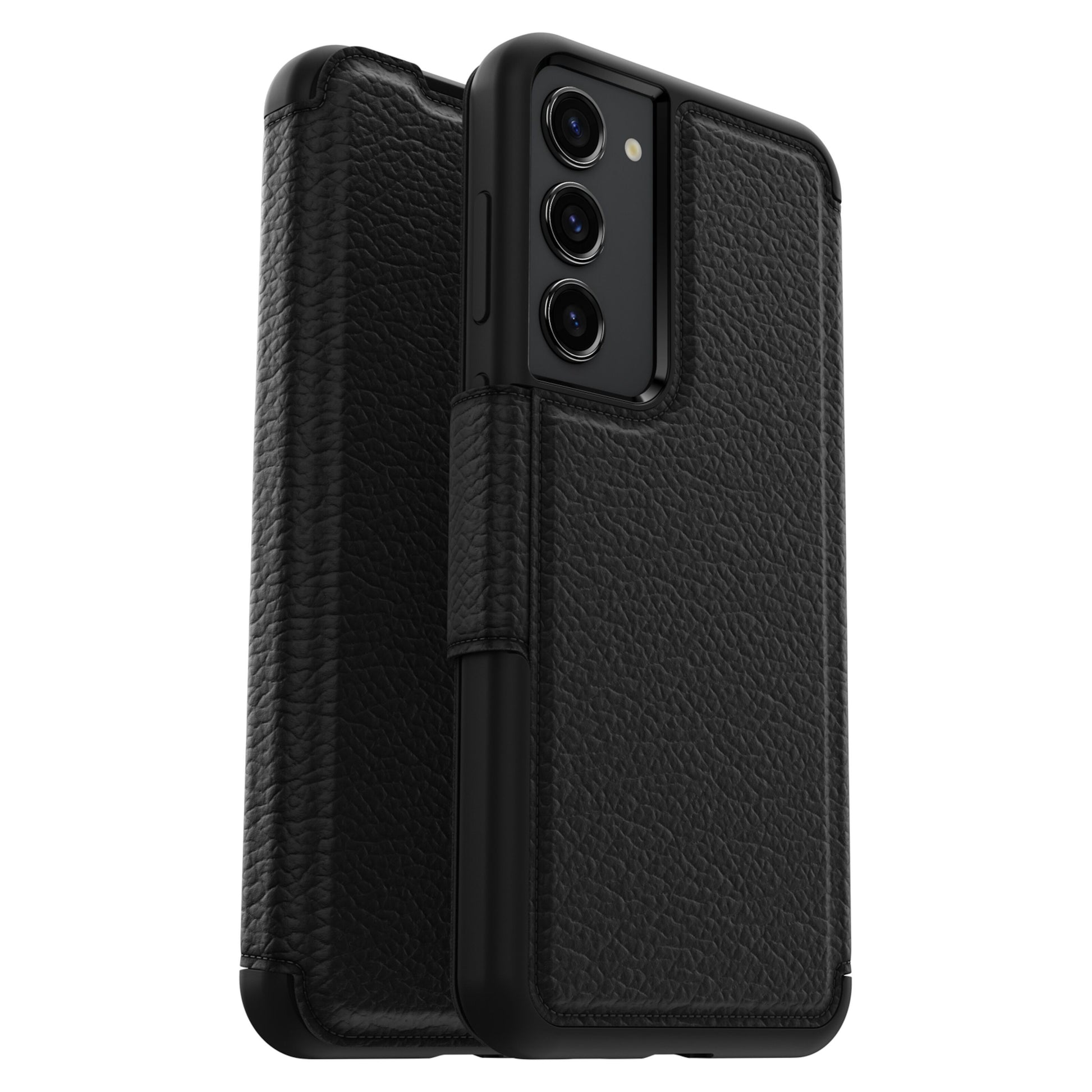 Otterbox Strada læder pung-etui Galaxy S23 Plus sort tekstureret forhøjede kanter forside bagside tre bagkameraåbninger.