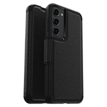 Otterbox Strada læder pung-etui Galaxy S23 Plus sort tekstureret forhøjede kanter forside bagside tre bagkameraåbninger.