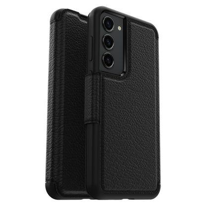 Otterbox Strada læder pung-etui Galaxy S23 Plus sort tekstureret forhøjede kanter forside bagside tre bagkameraåbninger.