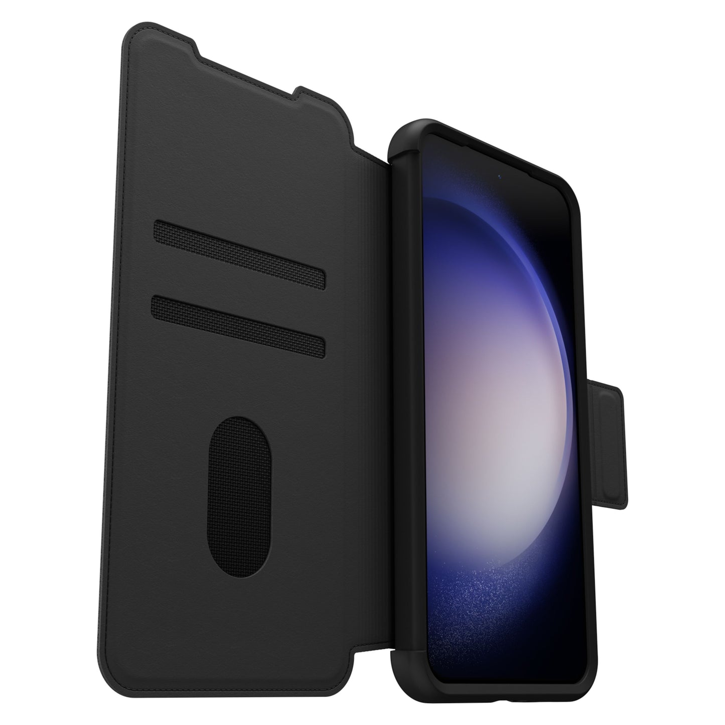 Åbent Otterbox Strada læder pung-etui til Galaxy S23 Plus med kortholdere og S23 Plus m. blå-hvid skærm gradient.
