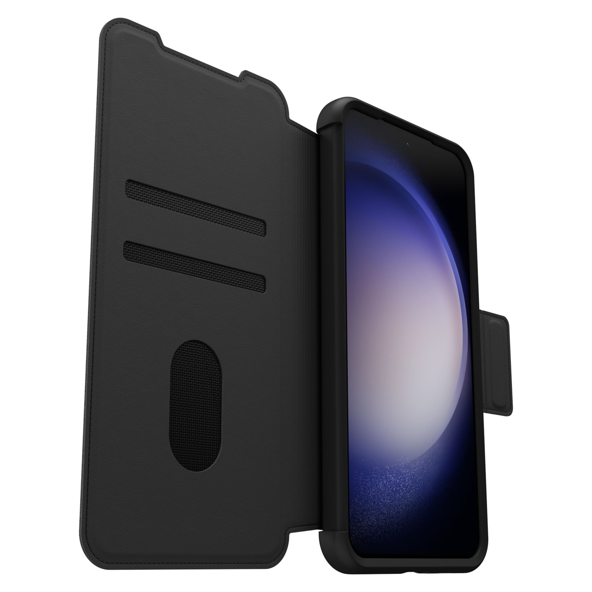 Åbent Otterbox Strada læder pung-etui til Galaxy S23 Plus med kortholdere og S23 Plus m. blå-hvid skærm gradient.