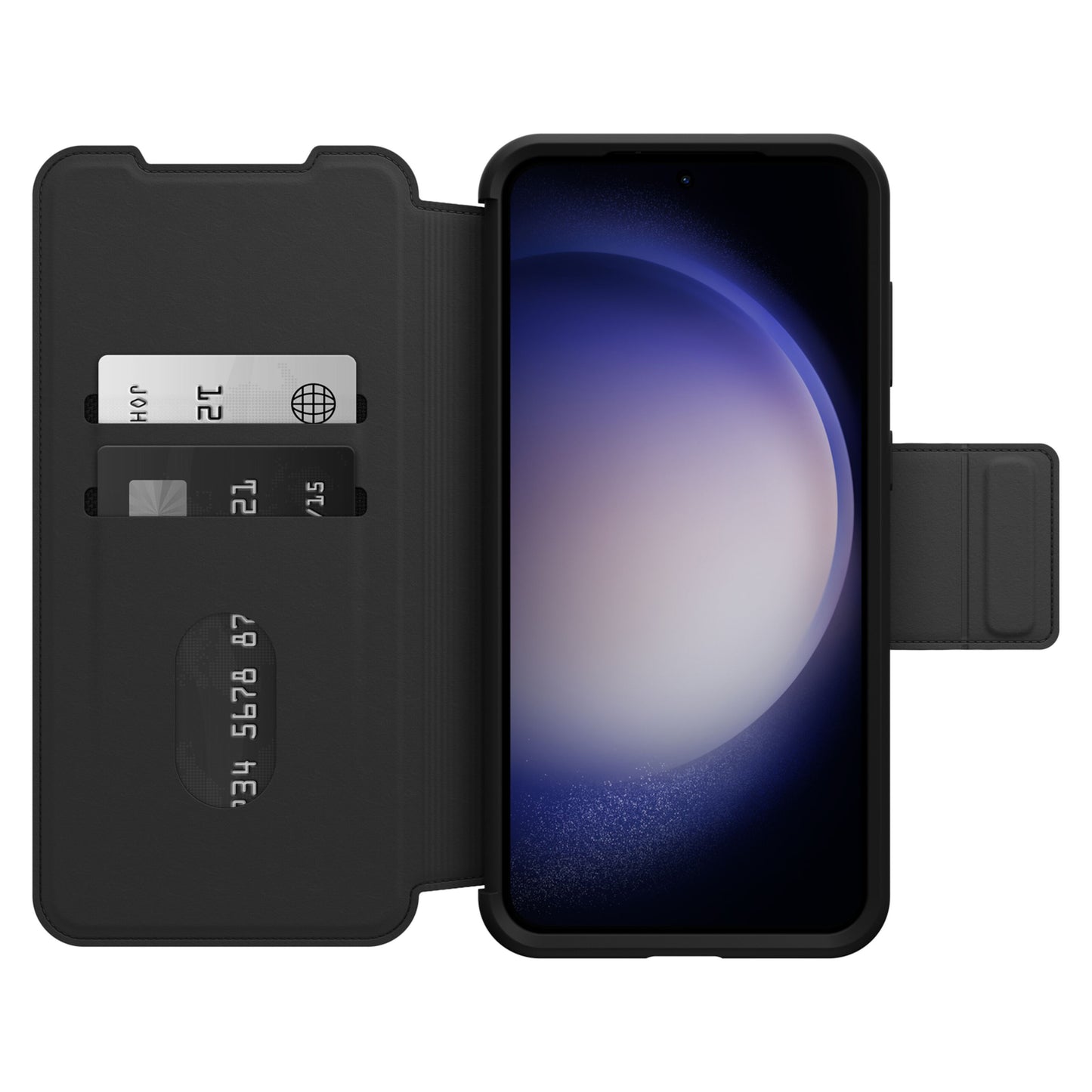 Åbent Otterbox Strada læder pung-etui til Galaxy S23 Plus med telefon til højre og tre kort synlige til venstre.